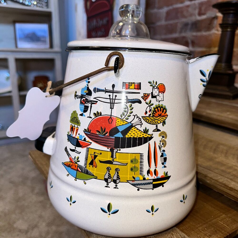 Vintage Folk Art Enamel Coffee Pot